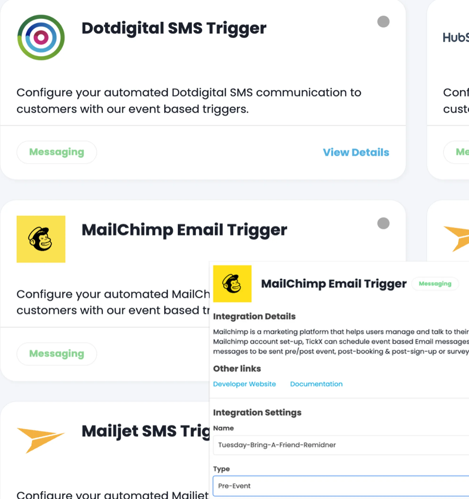 TickX IQ integrations catalogue showing Mailchimp, Dotdigital, and Mailjet email and SMS trigger cards